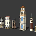 Various Architectural Towers Including Clock Tower Lighthouse and European Style