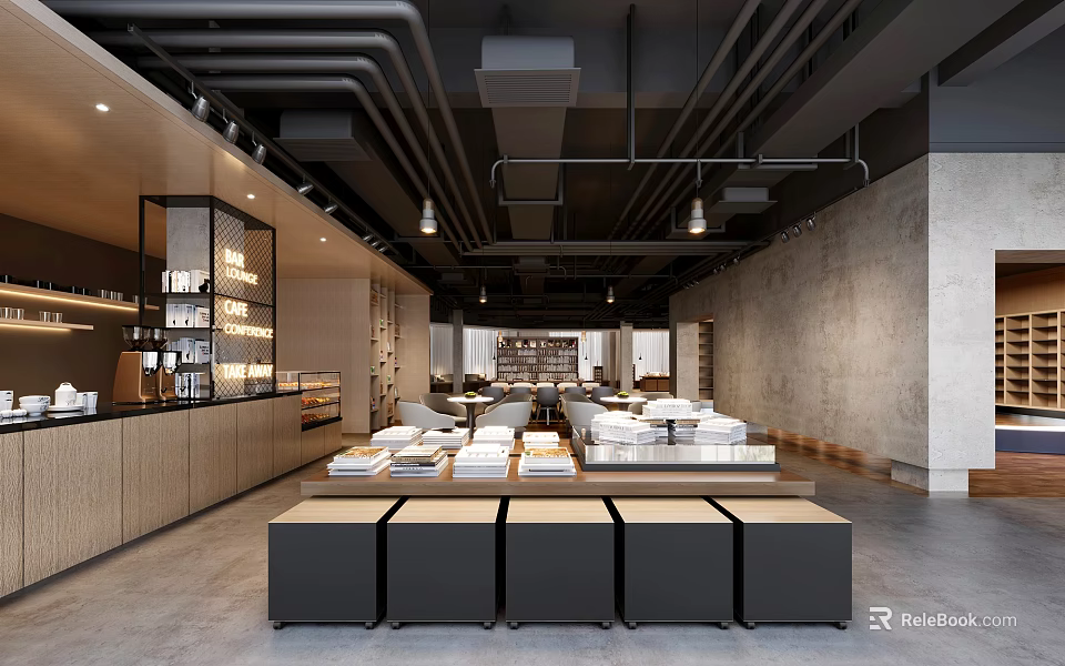 Modern Industrial Bookstore Interior with Art Book Displays and Furniture 3d model 