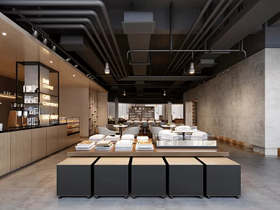 Modern Industrial Bookstore Interior with Art Book Displays and Furniture 3d model