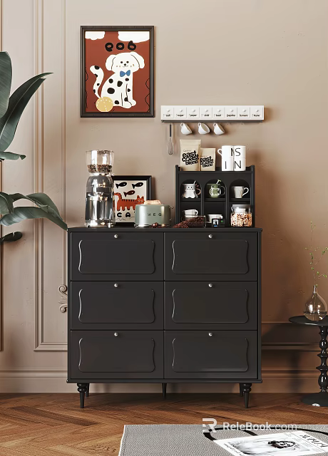 Stylish Black Sideboard With Coffee Machine Mugs Jars And Decorative Green Plant 3d model 