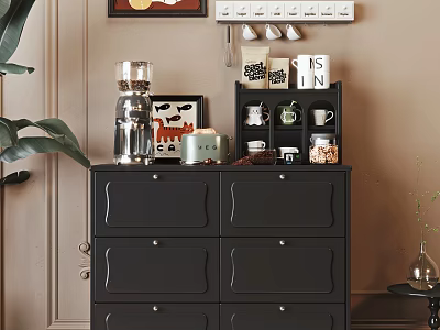 Stylish Black Sideboard With Coffee Machine Mugs Jars And Decorative Green Plant 3d model