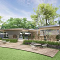 Modern Residential Landscape With Green Trees Wooden Deck Outdoor Seating Green Lawn And Blue Sky