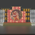 Chinese Style Stage Featuring Circular Decoration Buddha Statue Red Background Lanterns Scroll Calligraphy 3d model