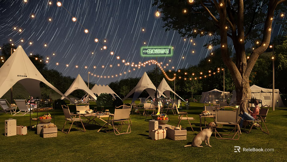 Starry Night Garden Landscape With White Tents String Lights And Lawn Seating Area 3d model 