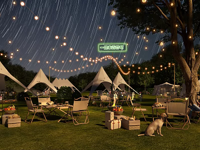 Starry Night Garden Landscape With White Tents String Lights And Lawn Seating Area 3d model