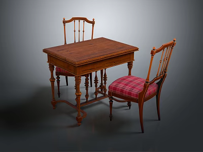 Vintage Wooden Table With Carved Back Chairs And Red Plaid Fabric Seats 3d model