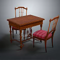 Vintage Wooden Table With Carved Back Chairs And Red Plaid Fabric Seats