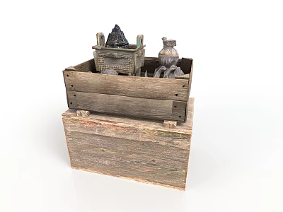 Stacked Wooden Crates With Decorative Box And Patterned Jar Inside Top Crate 3d model