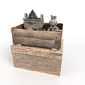 Stacked Wooden Crates With Decorative Box And Patterned Jar Inside Top Crate