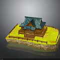 Japanese Style Wooden House With Blue Tiled Roof And Fenced Grass Yard On Stone Base
