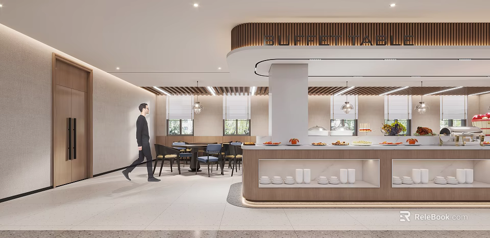 Modern Elegant Restaurant Interior With Buffet Counter Wooden Decor Pendant Lights And Dining Tables 3d model 