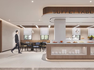 Modern Elegant Restaurant Interior With Buffet Counter Wooden Decor Pendant Lights And Dining Tables 3d model