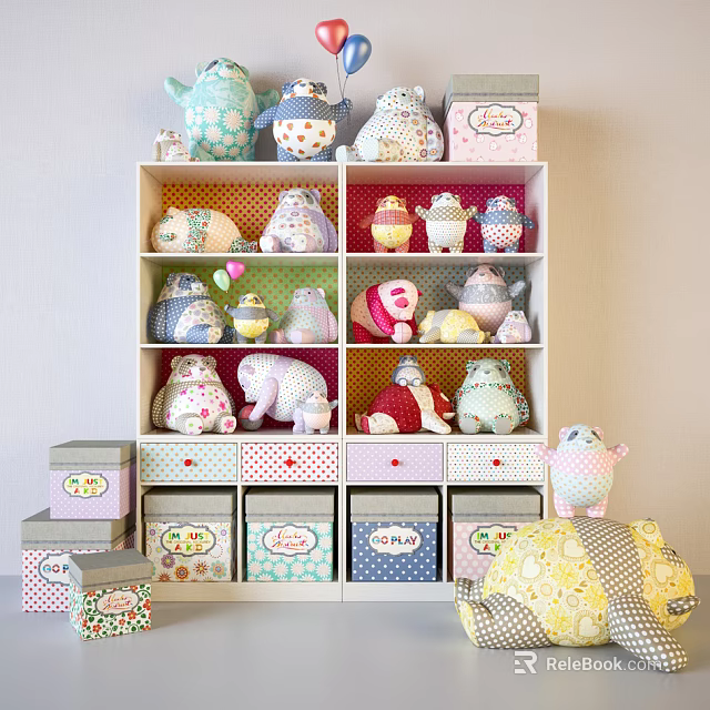 Cute Decorative Cabinet With Stuffed Toys Labeled Boxes And Colorful Patterned Drawers 3d model 