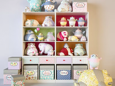 Cute Decorative Cabinet With Stuffed Toys Labeled Boxes And Colorful Patterned Drawers 3d model