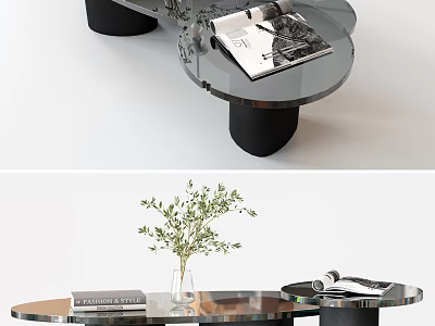 Modern Glass Coffee Table With Black Cylindrical Legs Magazine Books And Vase With Green Plant 3d model