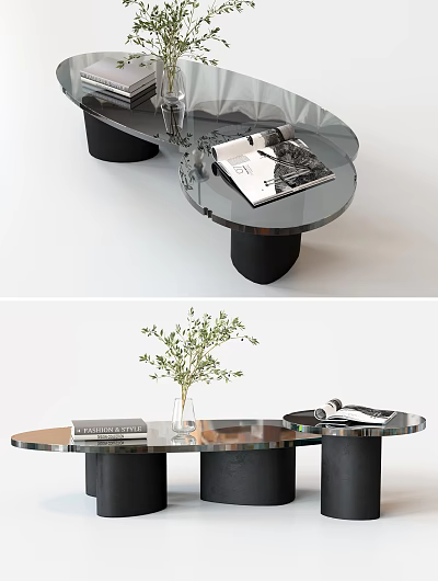 Modern Glass Coffee Table With Black Cylindrical Legs Magazine Books And Vase With Green Plant 3d model