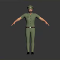 3D Character Wearing Green Uniform And Cap Arms Outstretched On Gray Background With Black Shoes