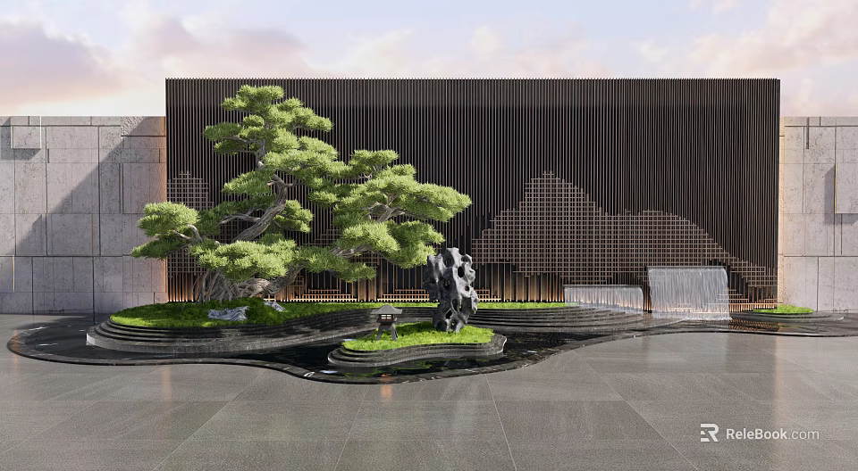 Contemporary Landscape Feature Wall With Pine Tree Water Element And Stone Sculpture 3d model