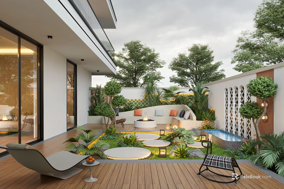 Modern Garden Outdoor Space With Wooden Deck Seating Area Green Plants And Water Feature 3d model 