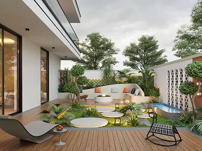 Modern Garden Outdoor Space With Wooden Deck Seating Area Green Plants And Water Feature 3d model