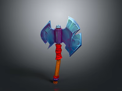 Fantasy Axe Weapon with Blue Blades Red Handle and Wooden Shaft 3d model