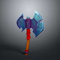 Fantasy Axe Weapon with Blue Blades Red Handle and Wooden Shaft