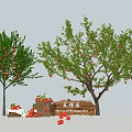 Fruit Arbor With Red Fruits Green Leaves And Wooden Crates For Picking