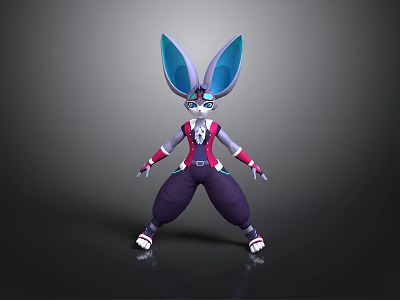3D Animated Character Model With Large Blue Ears And Purple Outfit In Cartoon Style 3d model