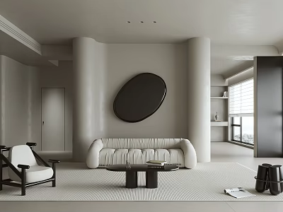 Minimalist Modern Living Room Interior With Beige Sofa Oval Mirror Columns And Rug 3d model