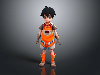 Stylized 3D Male Character With Black Short Hair Orange Outfit Wrist Guards And Boots 3d model