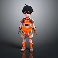 Stylized 3D Male Character With Black Short Hair Orange Outfit Wrist Guards And Boots