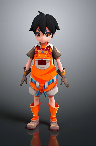 Stylized 3D Male Character With Black Short Hair Orange Outfit Wrist Guards And Boots 3d model