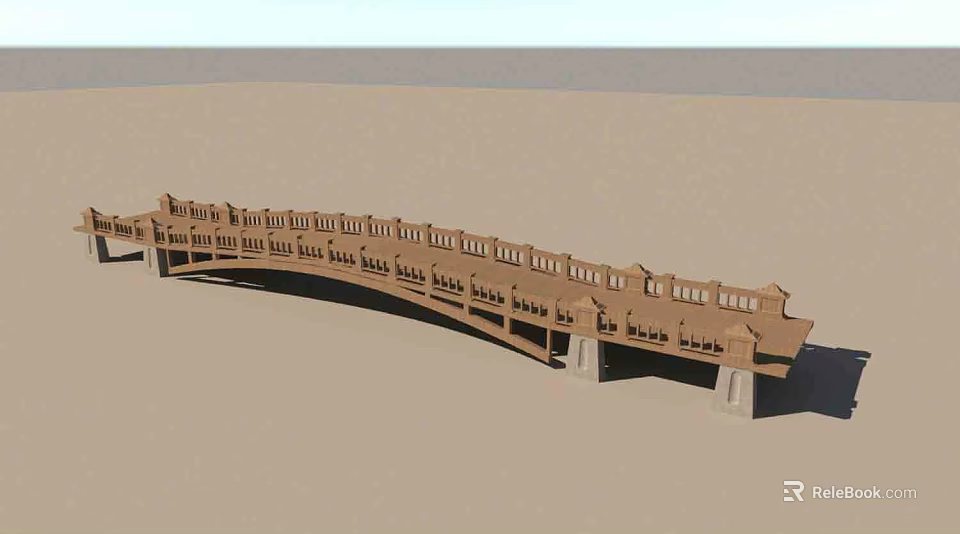 Traditional Wooden Landscape Bridge With Long Railings And Concrete Piers Design 3d model 