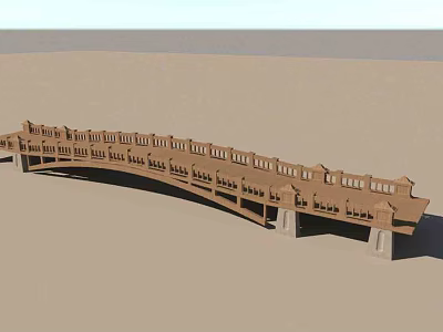 Traditional Wooden Landscape Bridge With Long Railings And Concrete Piers Design 3d model
