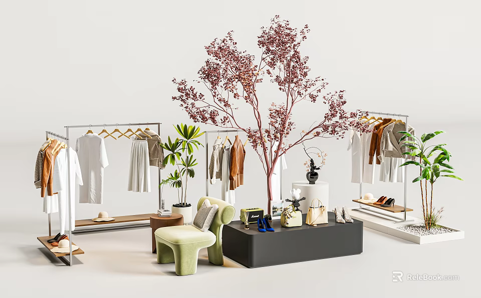 Stylish Clothes Display with Hangers Green Plants Green Chair and Black Table 3d model 