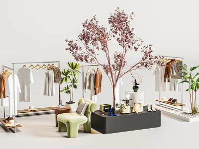 Stylish Clothes Display with Hangers Green Plants Green Chair and Black Table 3d model
