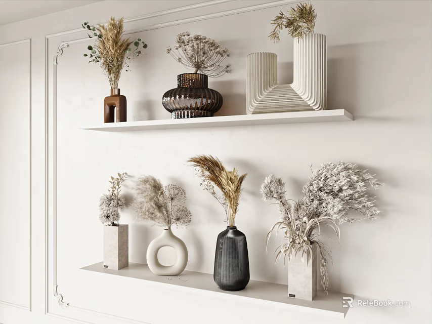 White Wall Display Shelves Featuring Different Shape And Material Vases With Dried Flowers 3d model 