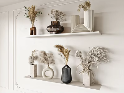 White Wall Display Shelves Featuring Different Shape And Material Vases With Dried Flowers 3d model