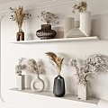 White Wall Display Shelves Featuring Different Shape And Material Vases With Dried Flowers