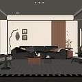 Modern Living Room Interior With Black Sofa Coffee Table Rug Floor Lamp And Framed Art