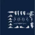 Whimsical Garden Ornaments With White Cloud Smoke And Decorative Line Patterns On Blue Background
