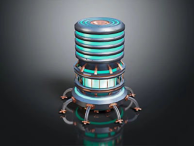 Futuristic 3D Mechanical Tower Structure With Layered Rings Glowing Accents And Support Legs 3d model