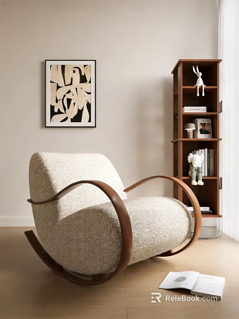 Cream Upholstered Accent Chair With Curved Wooden Arms Decorative Bookshelf And Wall Art 3d model 