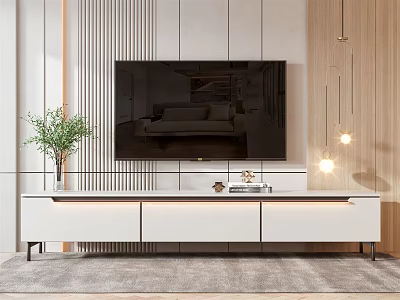Modern White TV Stand With Flat Screen TV And Potted Plant In Minimalist Room Interior 3d model