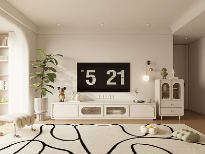 Modern Living Room Interior With TV White Stand Green Plant Patterned Rug And Decor Items 3d model