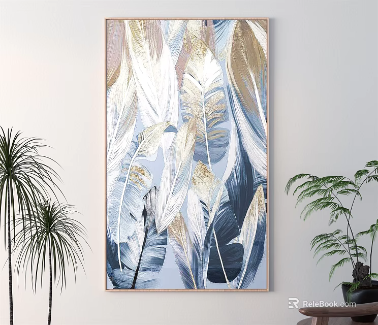 Vertical Wall Painting With White Gold Blue Feathers Surrounded By Green Plants 3d model 