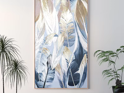 Vertical Wall Painting With White Gold Blue Feathers Surrounded By Green Plants 3d model