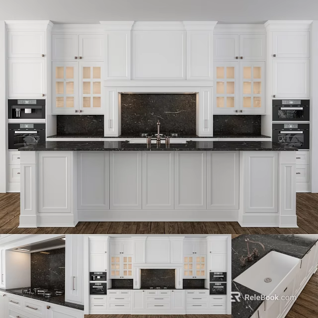 Modern Kitchen Interior With White Cabinets Glass Front Doors Dark Countertop And Ovens 3d model 