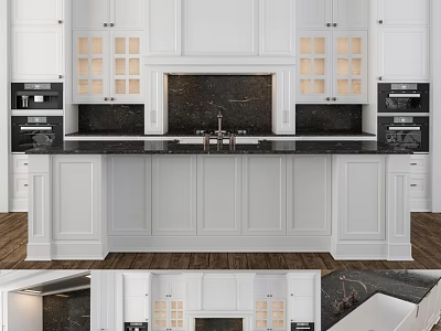 Modern Kitchen Interior With White Cabinets Glass Front Doors Dark Countertop And Ovens 3d model