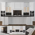 Modern Kitchen Interior With White Cabinets Glass Front Doors Dark Countertop And Ovens